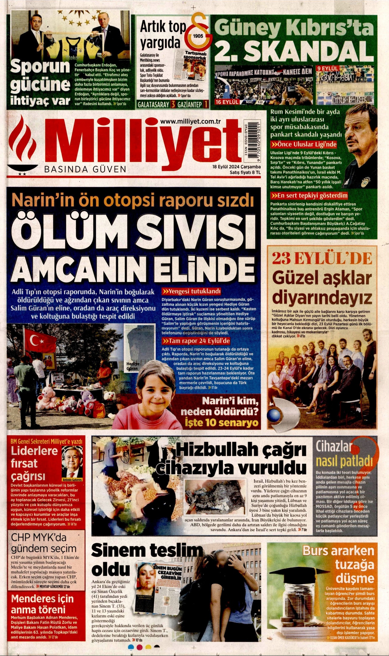 MİLLİYET 18 Eylül 2024 Gazete Manşeti Büyük