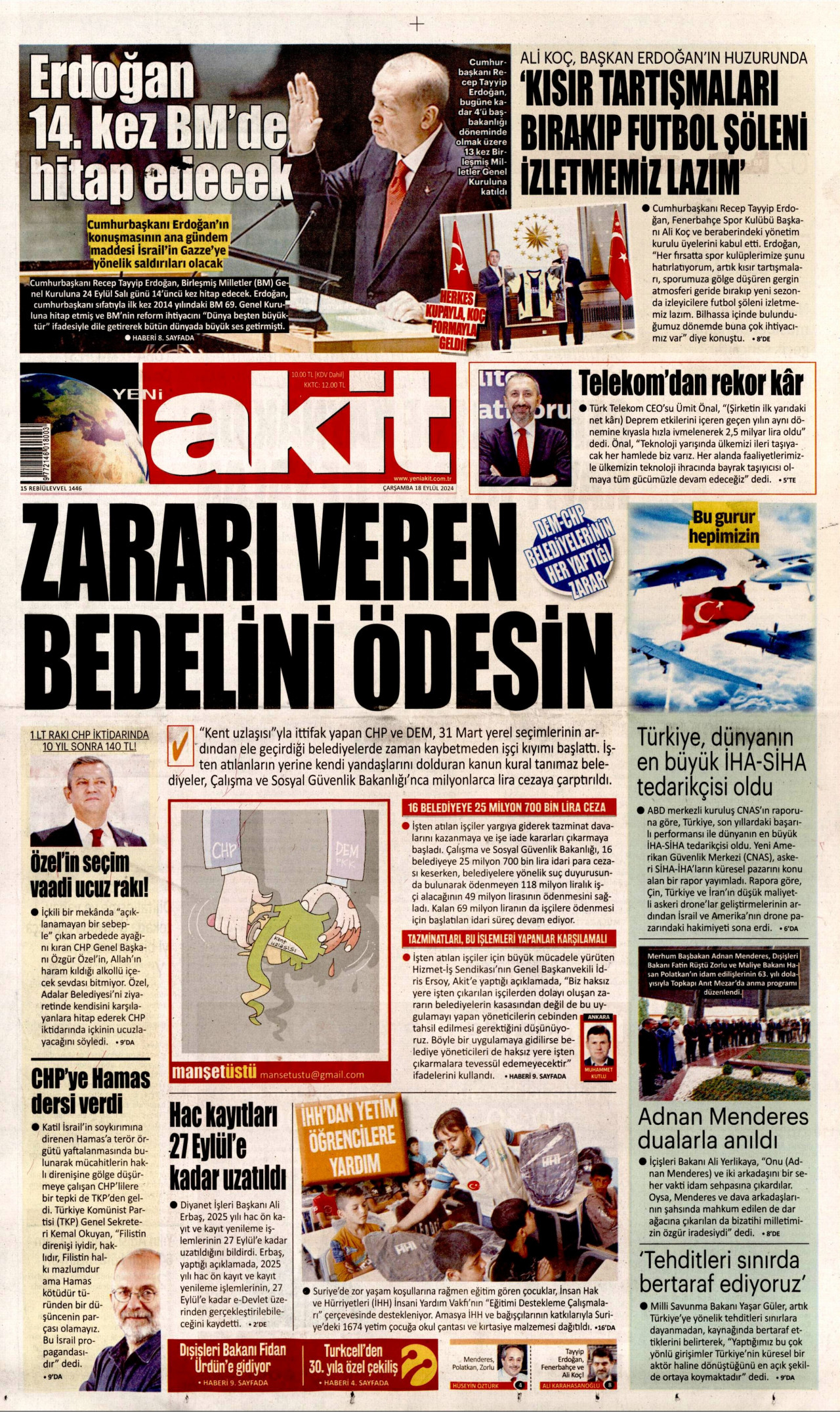 YENİ AKİT 18 Eylül 2024 Gazete Manşeti Büyük