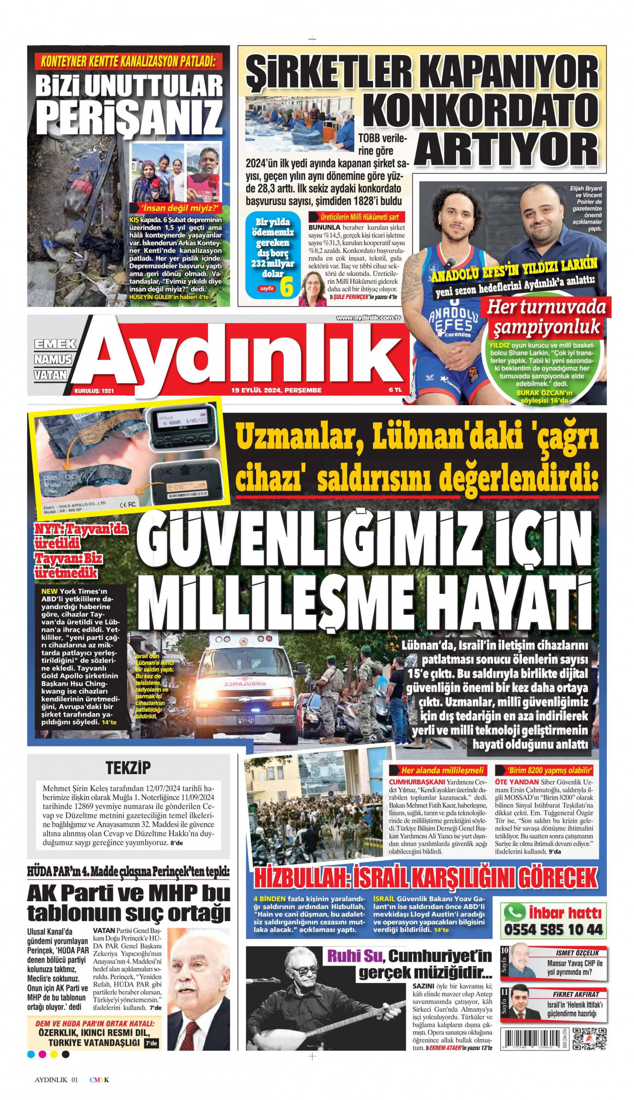 AYDINLIK GAZETESİ 19 Eylül 2024 Gazete Manşeti Büyük