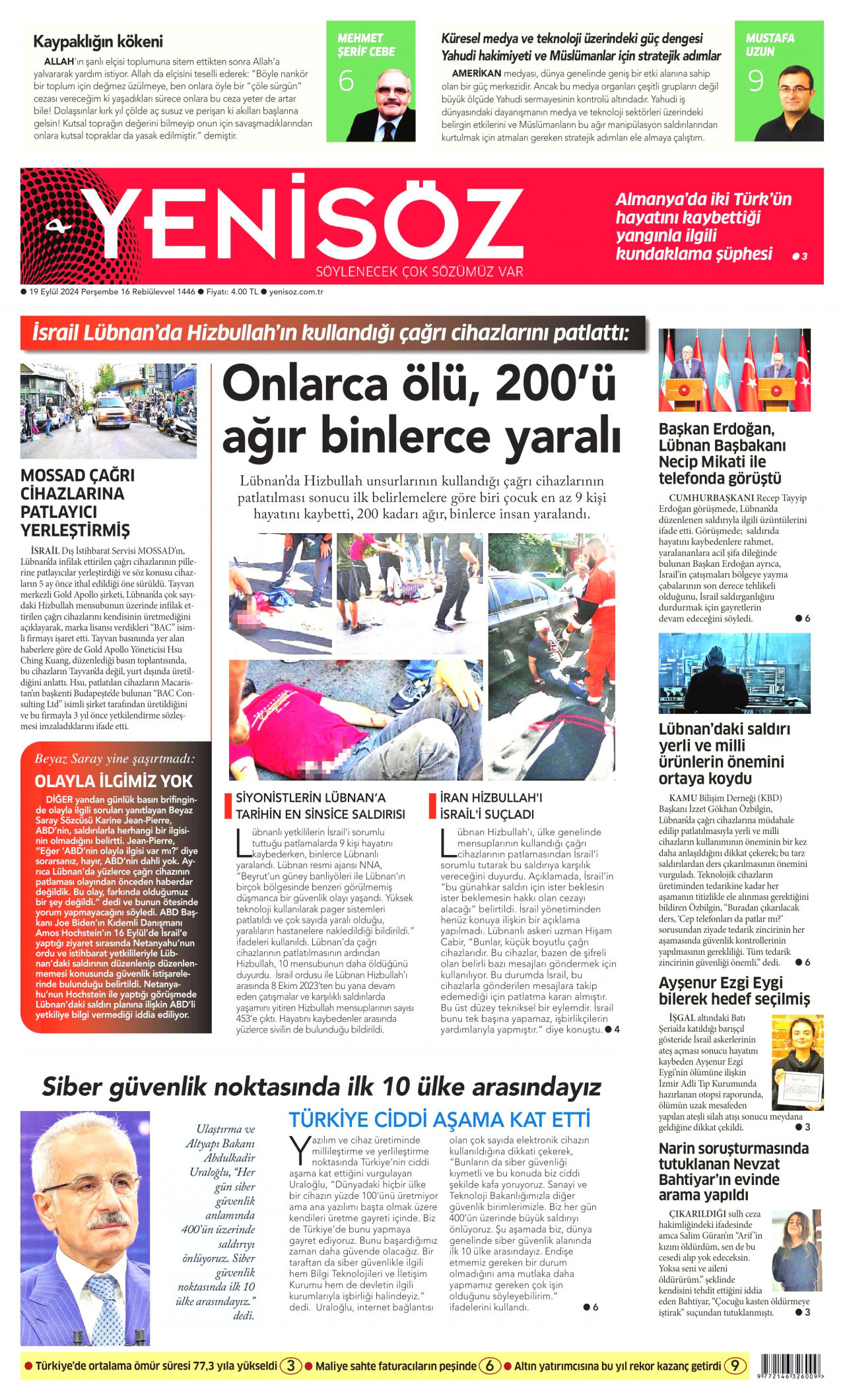 YENİ SÖZ GAZETESİ 19 Eylül 2024 Gazete Manşeti Büyük